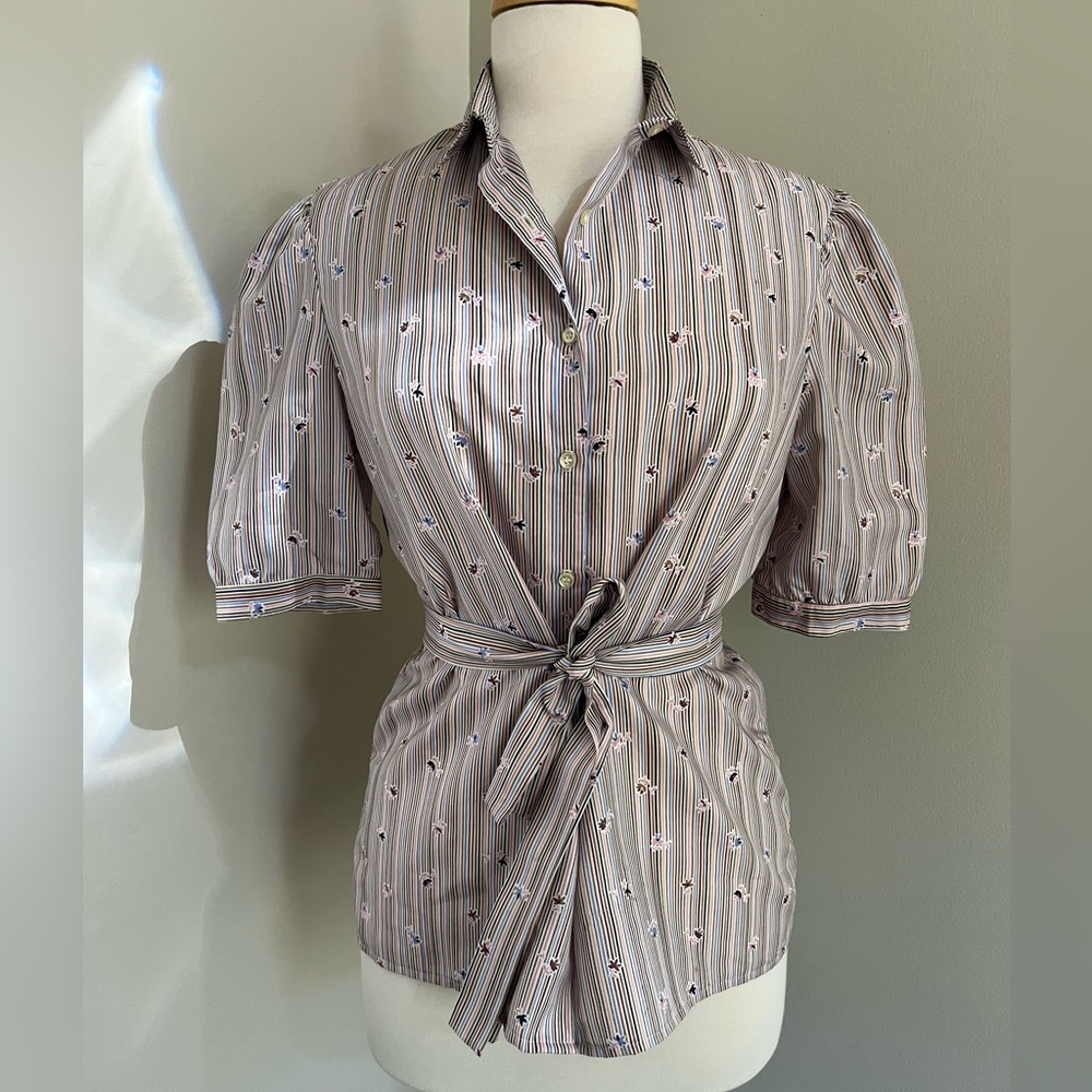 Vintage Haberdashery lightweight blouse top button up sash belt stripes floral L